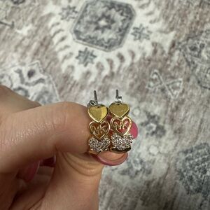 Michael Kors Gold Plated Over Brass Stacked Heart Hoop Earrings Logo & Crystal